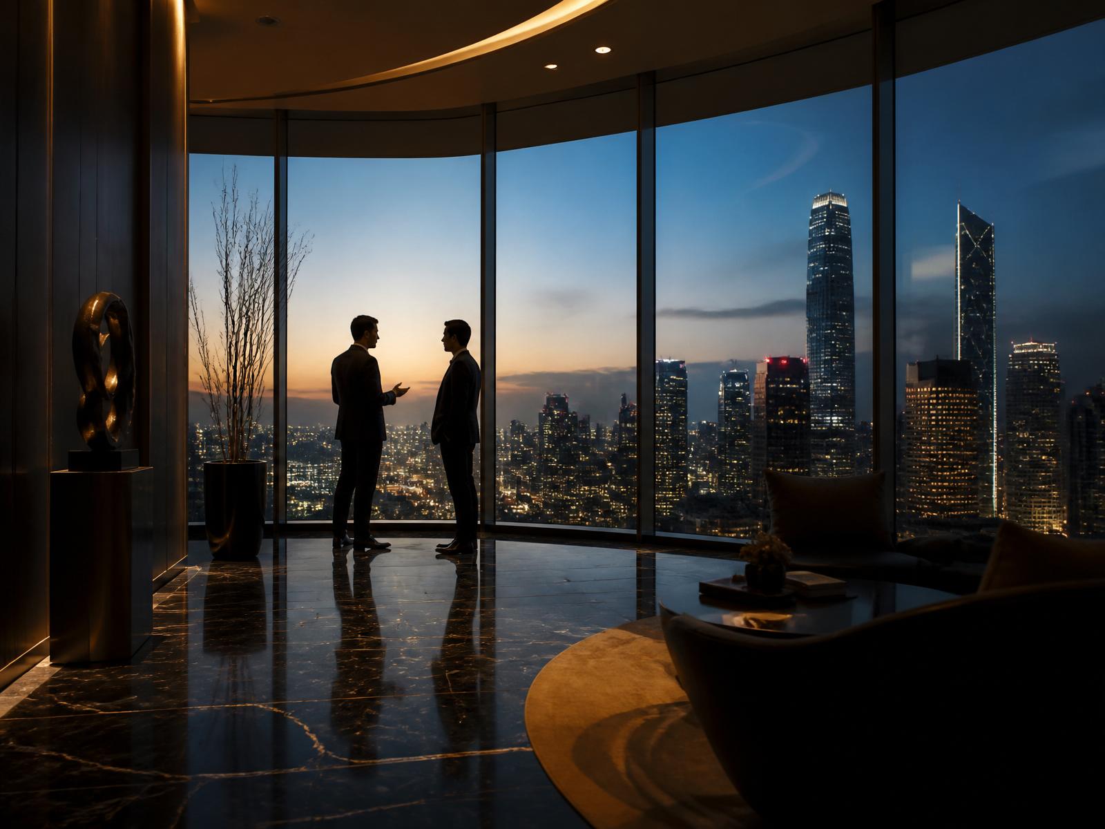 Global private banking suite at dusk overlooking an international financial district